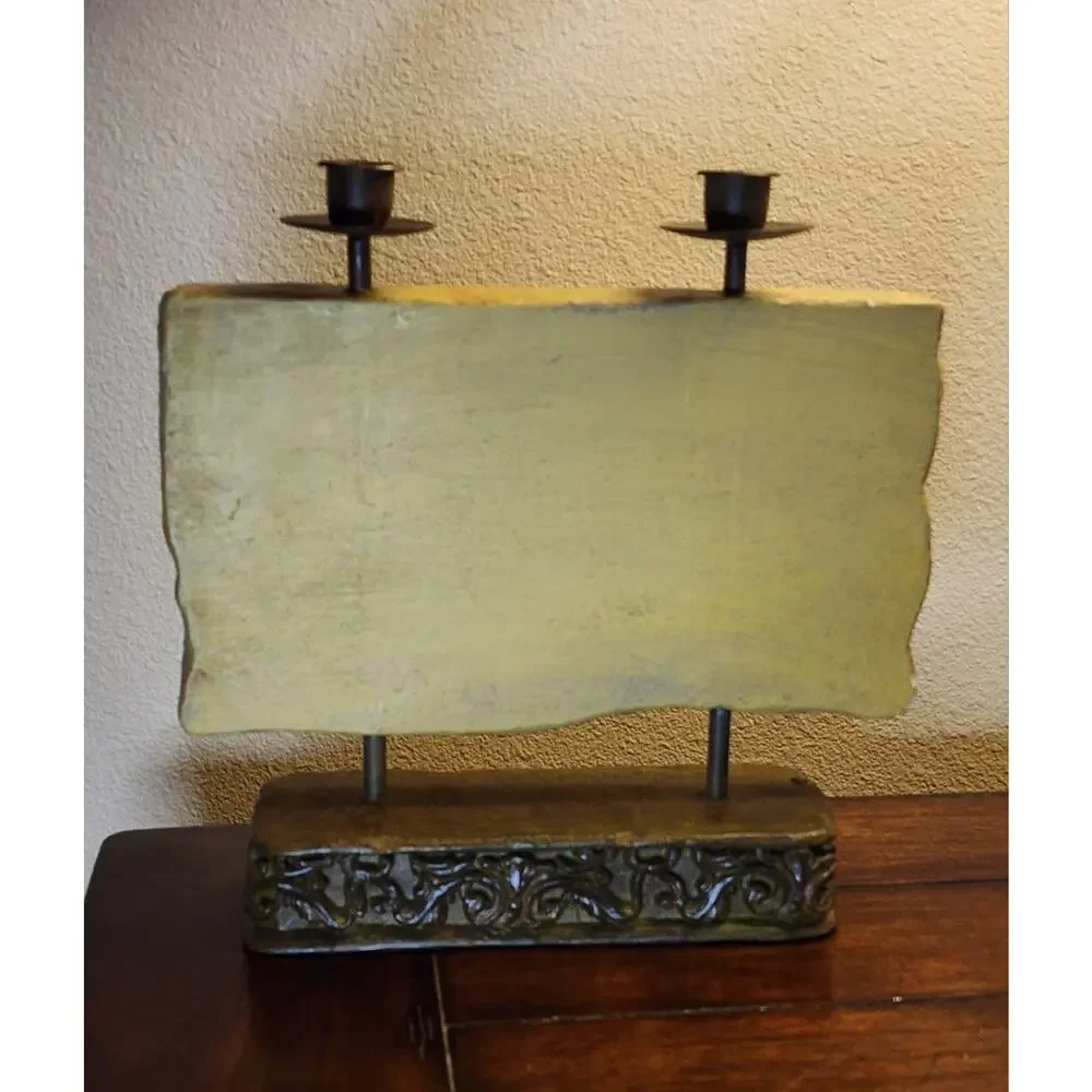 Vintage Jesus Last Supper Plaster Art Cast Iron Stand Brass Candle Holder 11